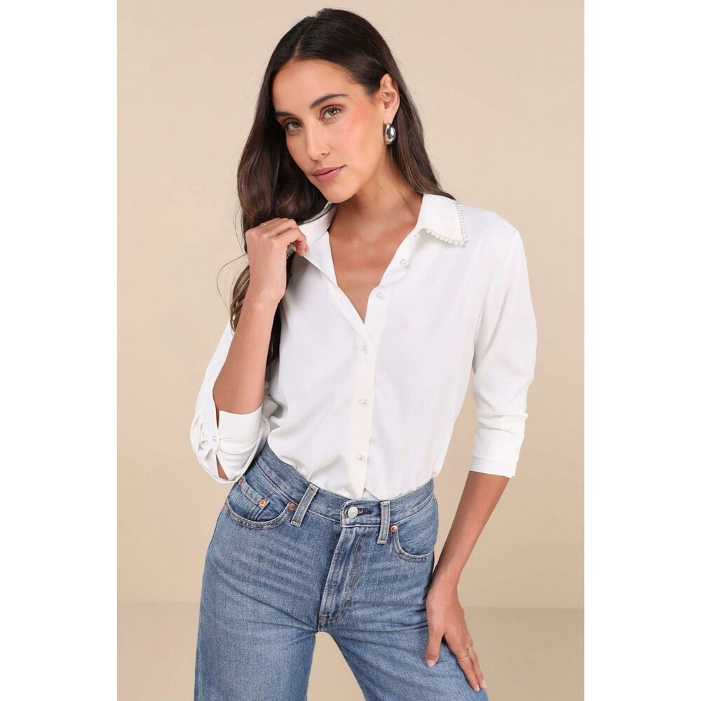 Lulu’s Upscale Composure Blouse White Pearl Trim Long Sleeve Size S NWT